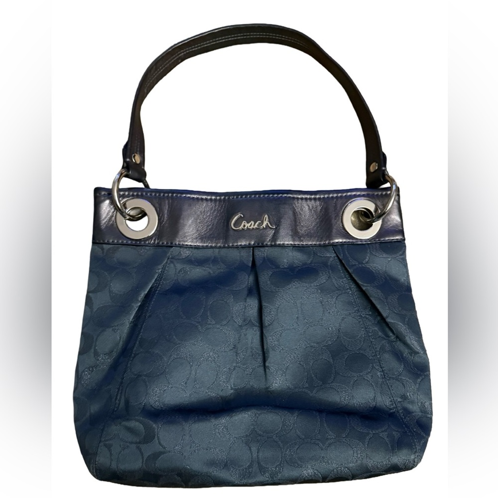 VINTAGE COACH Large Leather & Fabric Dark Grey Signature Hobo Handbag